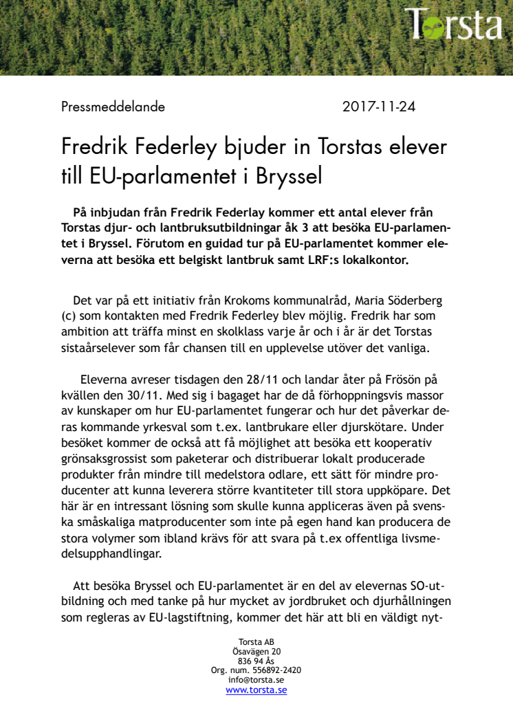 Fredrick Federley bjuder in Torstas elever till EU-parlamentet i Bryssel