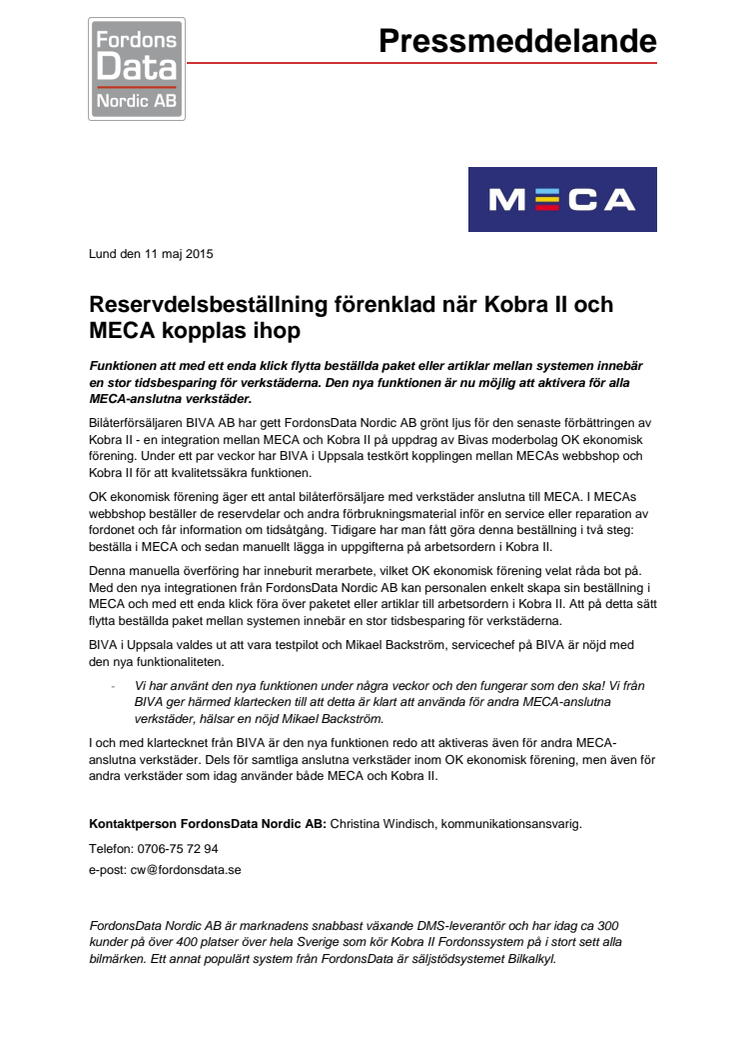 Reservdelsbeställning förenklad när Kobra II och MECA kopplas ihop