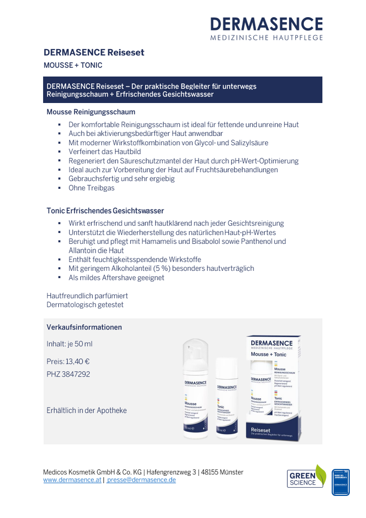 Factsheet AT: DERMASENCE Reiseset Mousse + Tonic