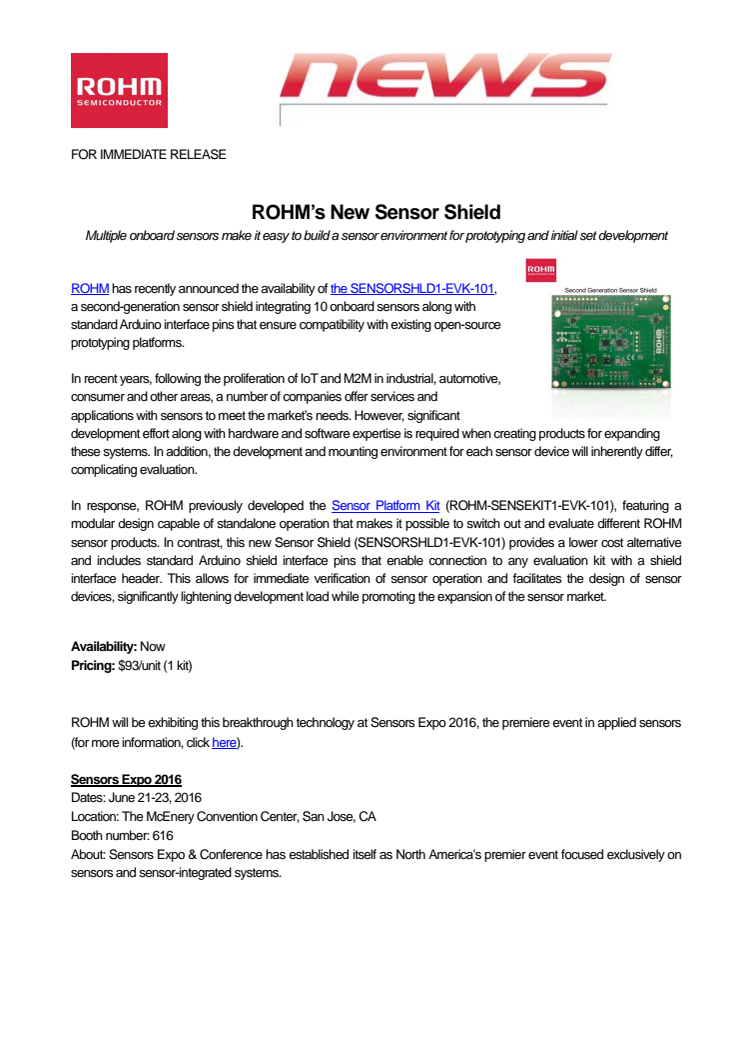 ROHM’s New Sensor Shield---Multiple onboard sensors make it easy to build a sensor environment for prototyping and initial set development---