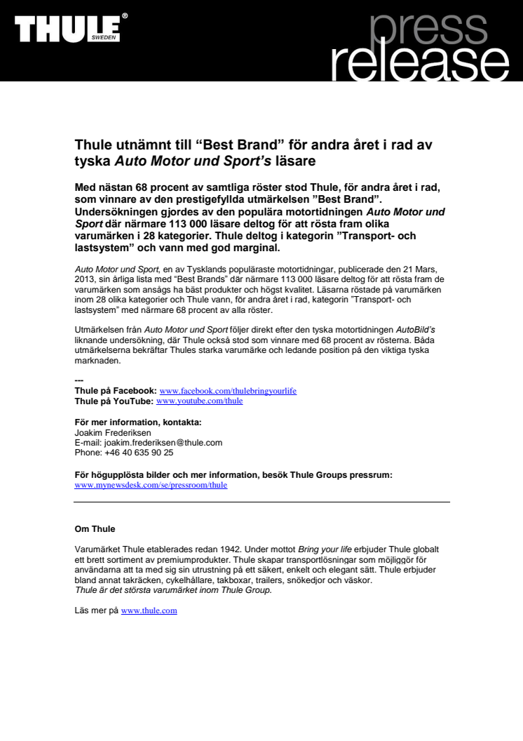 Thule utnämnt till “Best Brand” för andra året i rad av tyska Auto Motor und Sport’s läsare