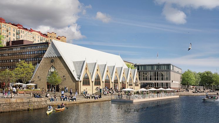 Visionsbild Rosenlundskanalen vid Feskekörka med flytande uteservering Visionsbild Göteborgs Stad och White