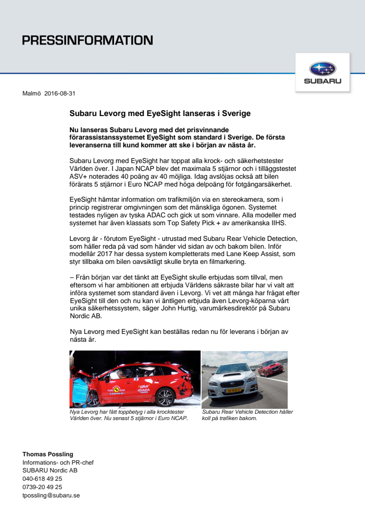 ​​Subaru Levorg med EyeSight lanseras i Sverige