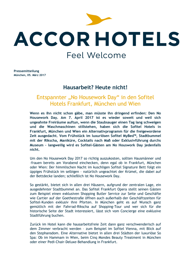 Entspannter „No Housework Day“ in den Sofitel Hotels Frankfurt, München und Wien