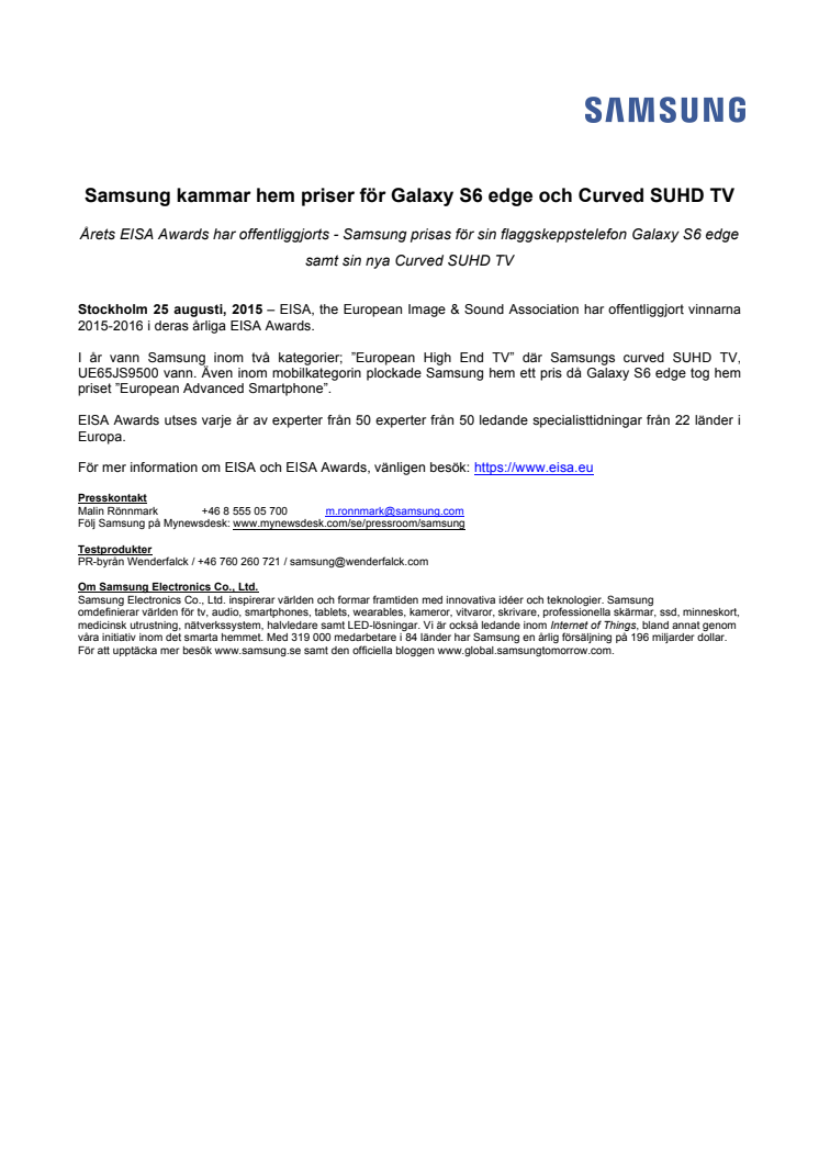 Samsung kammar hem priser för Galaxy S6 edge och Curved SUHD TV