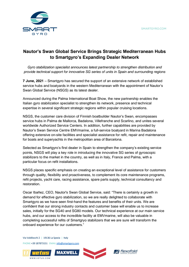 Nautor’s Swan Global Service Brings Strategic Mediterranean Hubs to Smartgyro’s Expanding Dealer Network