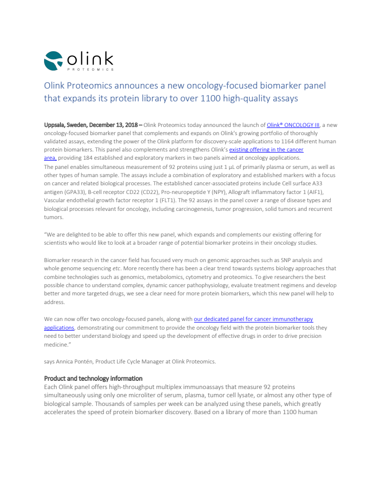 Olink Proteomics announces a new oncology-focused biomarker panel that expands its protein library to over 1100 high-quality assays