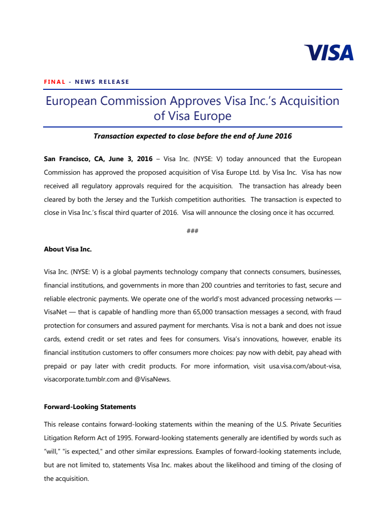 European Commission Approves Visa Inc.’s Acquisition of Visa Europe