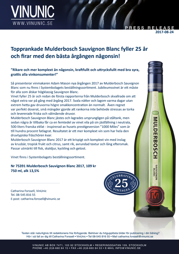 Topprankade Mulderbosch Sauvignon Blanc fyller 25 år och firar med den bästa årgången någonsin!