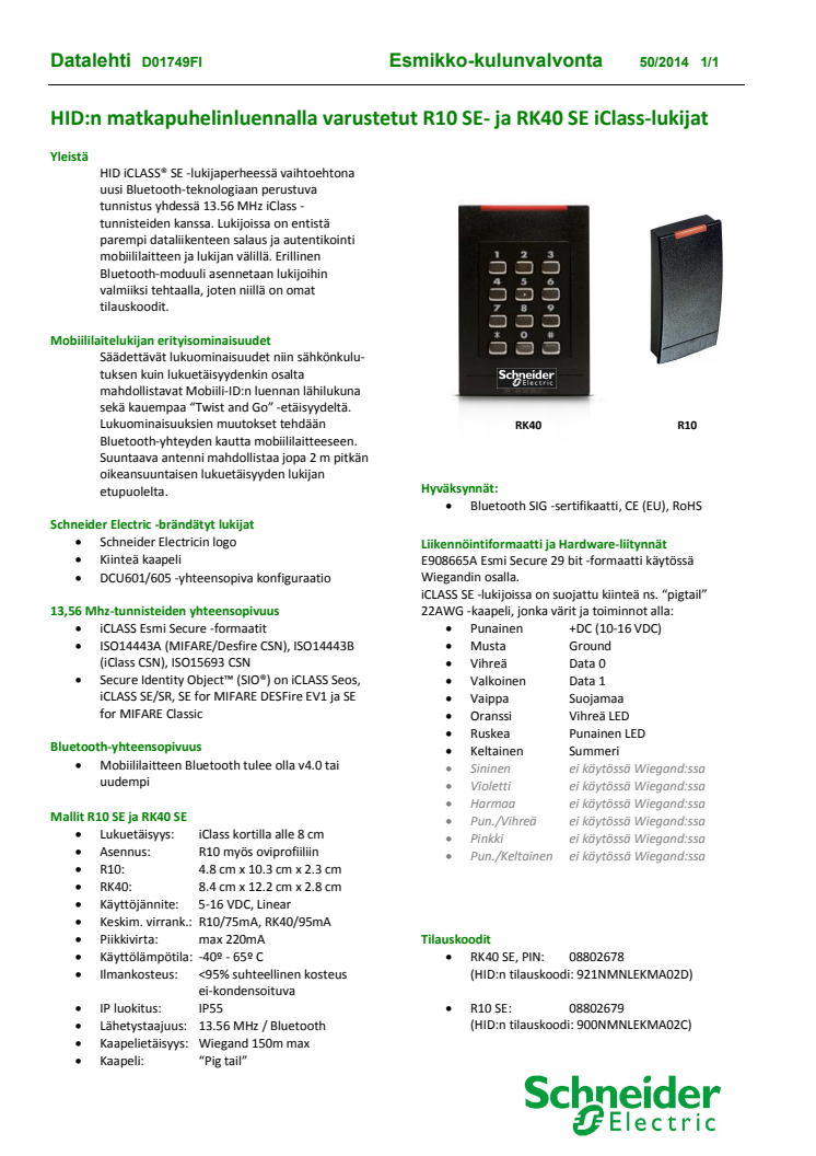 Datalehti: HID:n matkapuhelinluennalla varustetut R10 SE- ja RK40 SE iClass-lukijat 