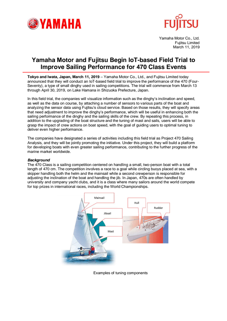 Yamaha Motor and Fujitsu Begin IoT-based Field Trial to Improve Sailing Performance for 470 Class Events