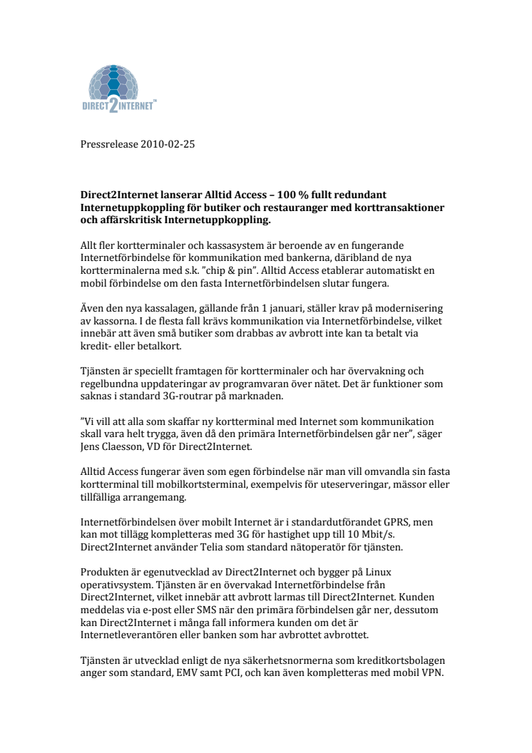 Ny uppkopplingstjänst från Direct2Internet