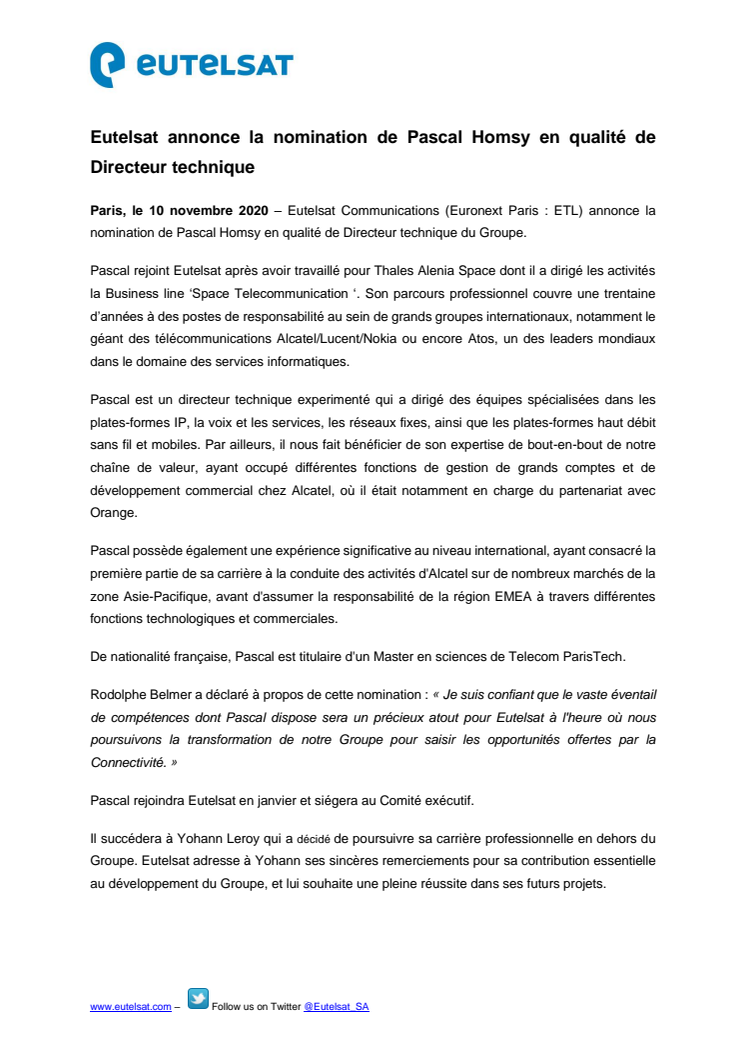​Eutelsat annonce la nomination de Pascal Homsy en qualité de Directeur technique