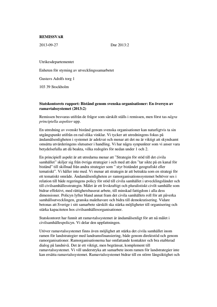 Statskontorets rapport: Bistånd genom svenska organisationer: En översyn av ramavtalssystemet (2013:2)
