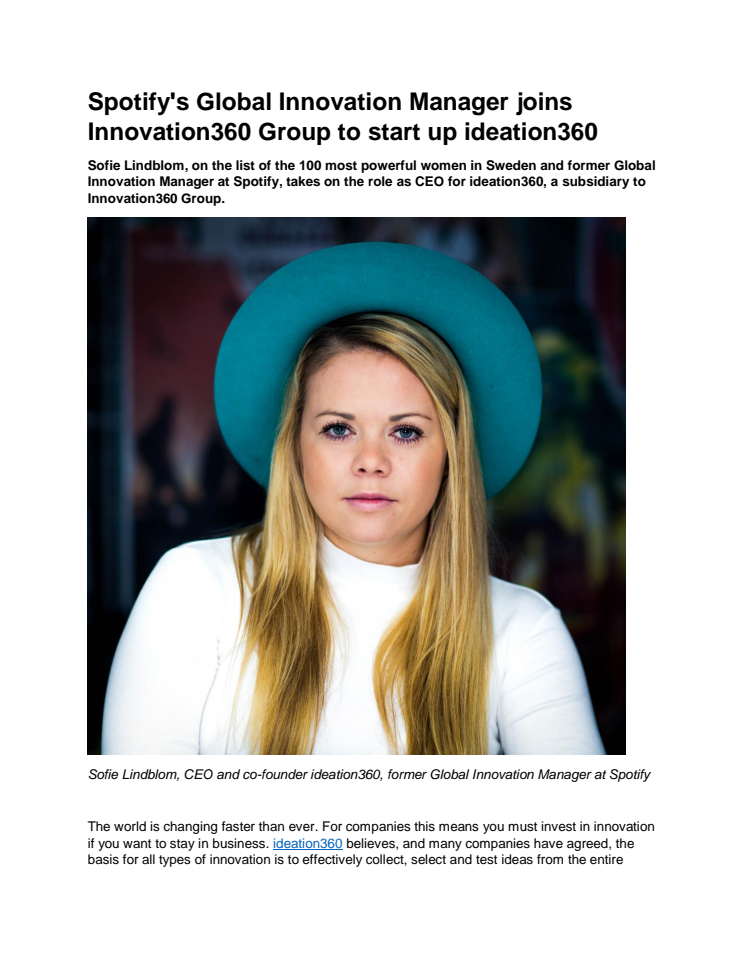 Spotify's global innovation manager launches a new subsidiary of Innovation360 Group 