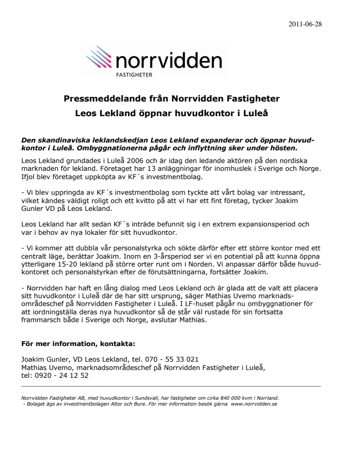 Leos Lekland öppnar huvudkontor i Luleå