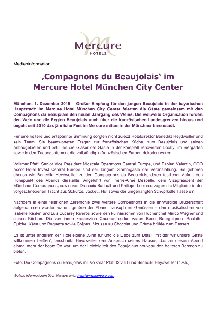 ‚Compagnons du Beaujolais‘ im Mercure Hotel München City Center