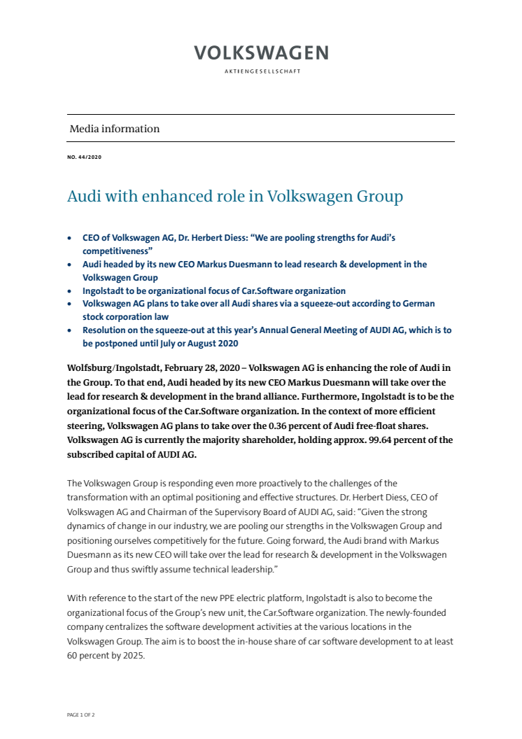 Audi with enhanced role in Volkswagen Group