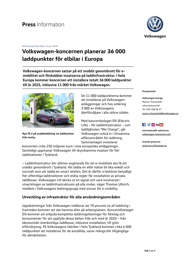Volkswagen-koncernen planerar 36 000 laddpunkter för elbilar i Europa