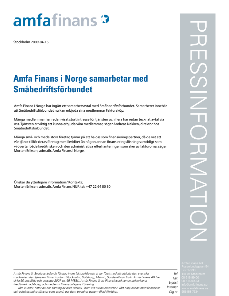 Amfa Finans i Norge samarbetar med Småbedriftsförbundet