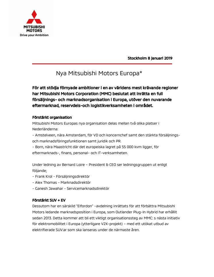 Nya Mitsubishi Motors Europa*