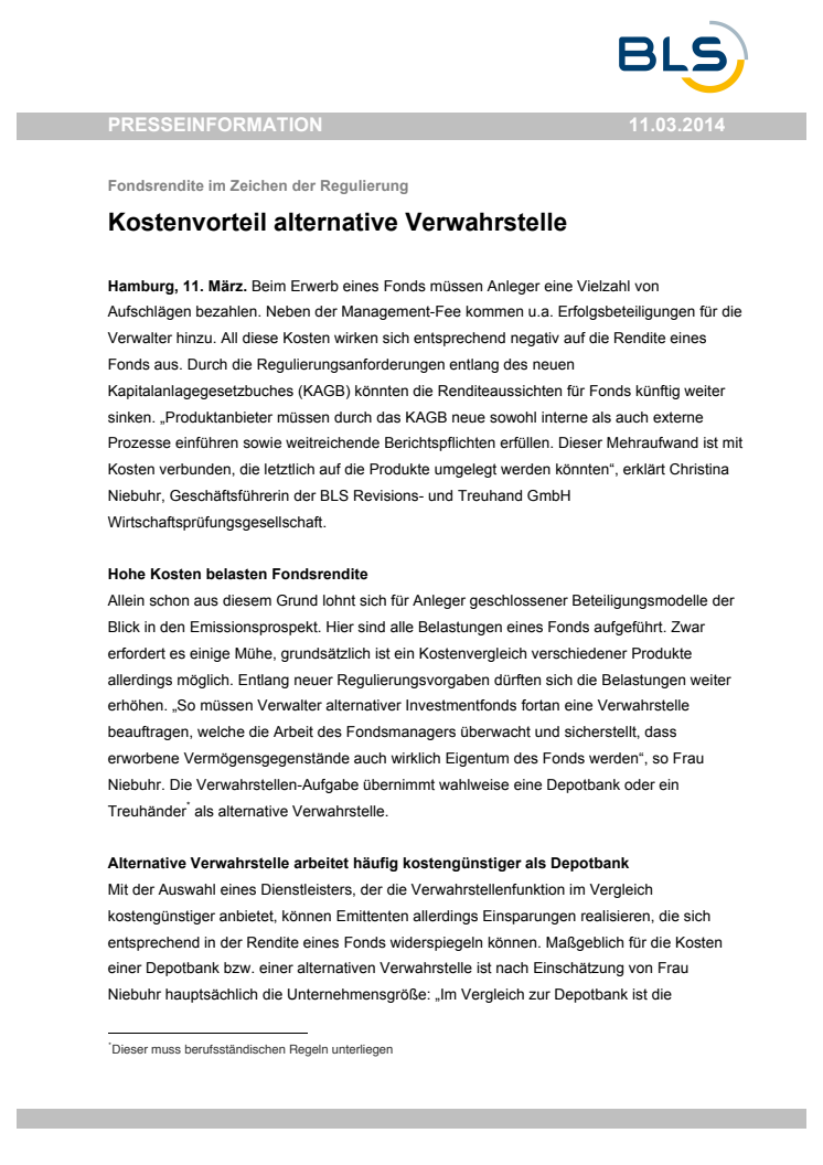 Kostenvorteil alternative Verwahrstelle