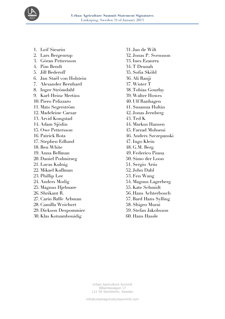 Urban Agriculture Summit Statement 2013 - Signatures