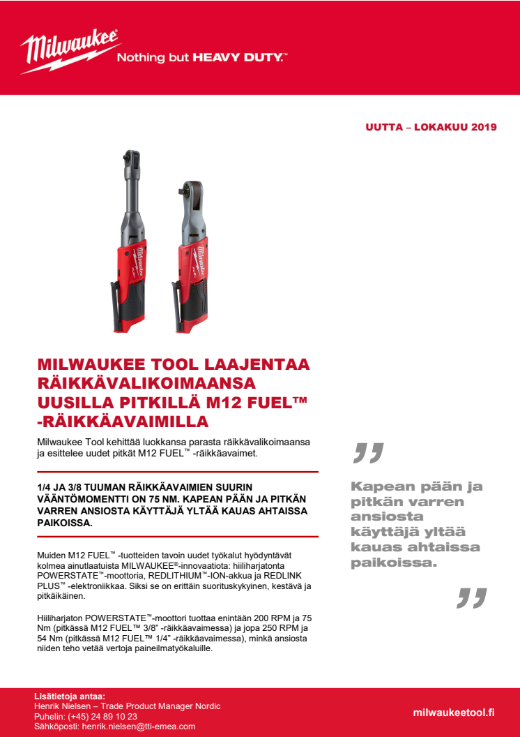 MILWAUKEE TOOL LAAJENTAA RÄIKKÄVALIKOIMAANSA UUSILLA PITKILLÄ M12 FUEL™ -RÄIKKÄAVAIMILLA