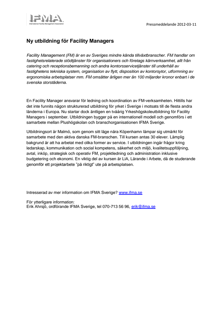 Ny utbildning för Facility Managers