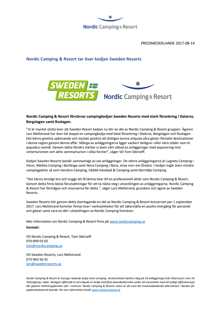 Nordic Camping & Resort tar över campingkedjan Sweden Resorts