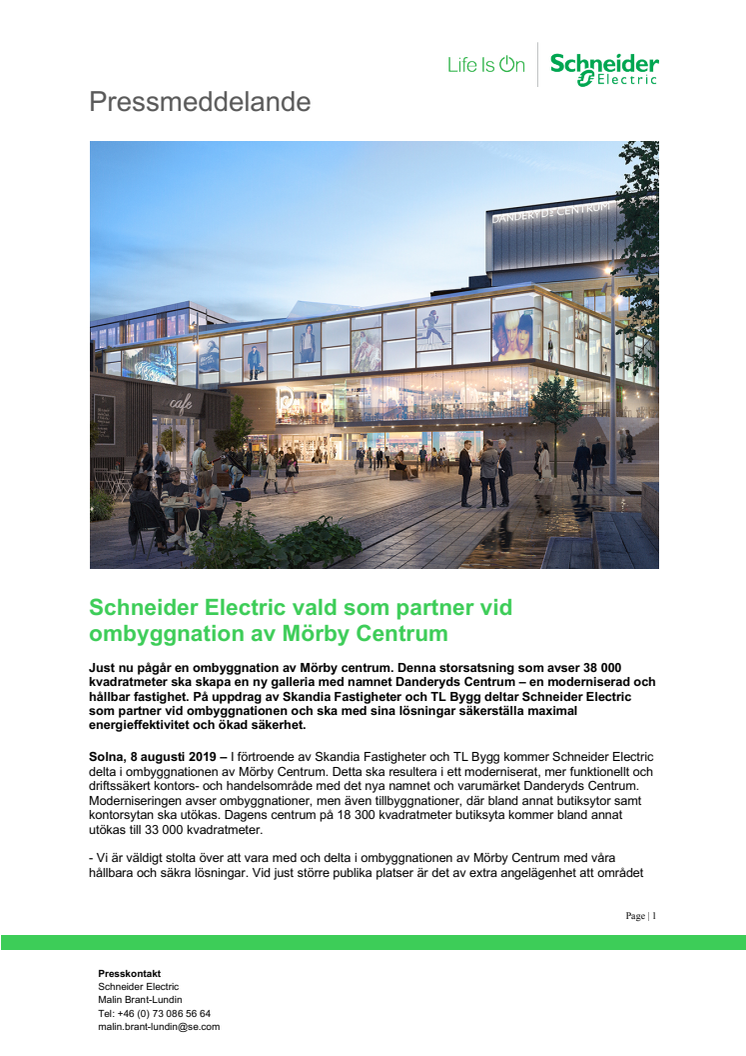 Schneider Electric vald som partner vid ombyggnation av Mörby Centrum