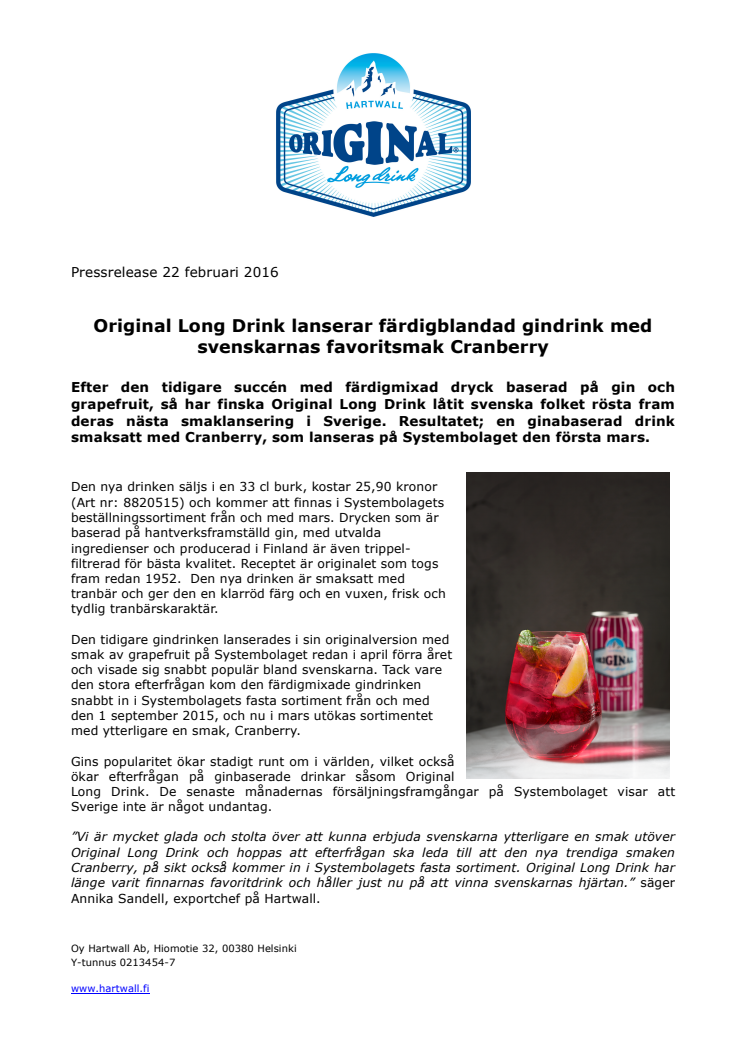 Original Long Drink lanserar färdigblandad gindrink med svenskarnas favoritsmak Cranberry