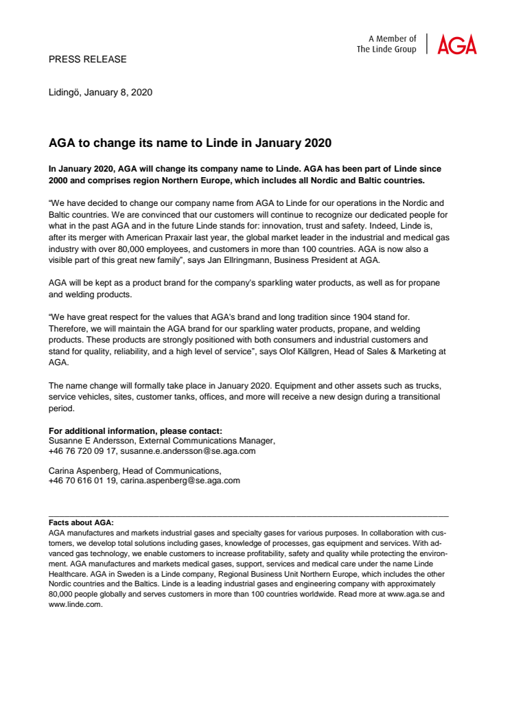 AGA to change its name to Linde in January 2020