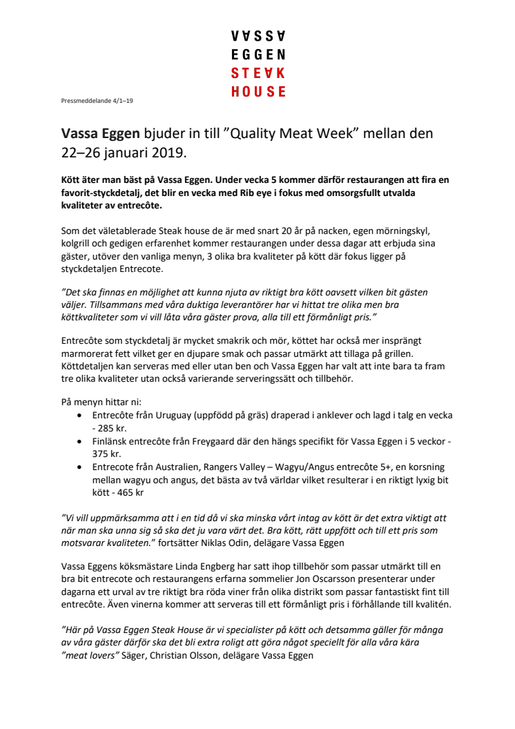 Vassa Eggen bjuder in till ”Quality Meat Week” mellan den 22–26 januari 2019.