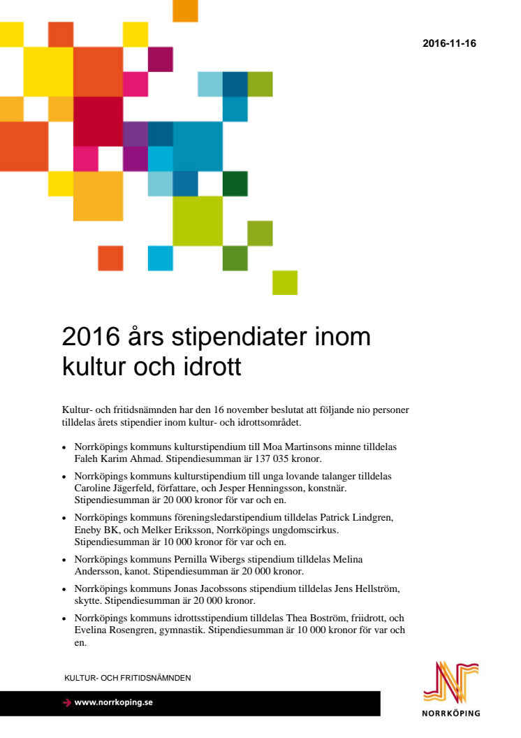 2016 års stipendiater inom kultur och idrott