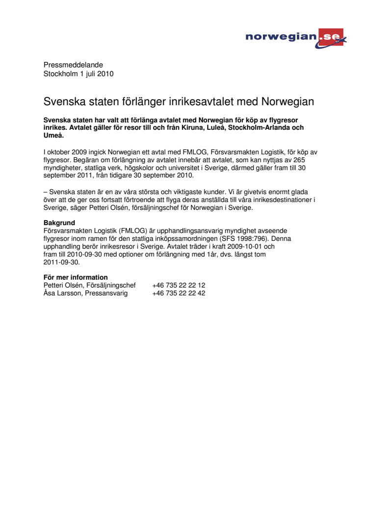 Svenska staten förlänger inrikesavtalet med Norwegian