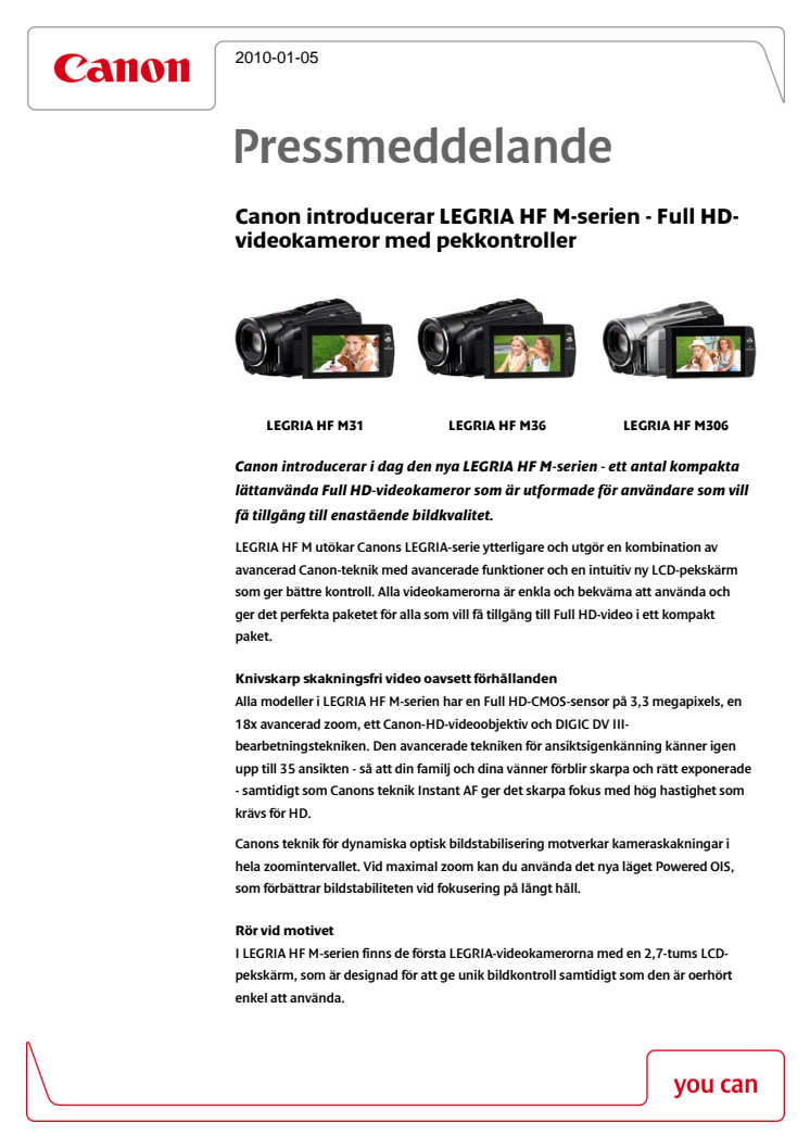 Canon introducerar LEGRIA HF M-serien - Full HD-videokameror med pekkontroller