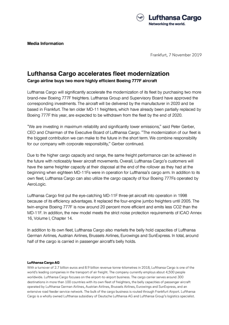 Lufthansa Cargo accelerates fleet modernization