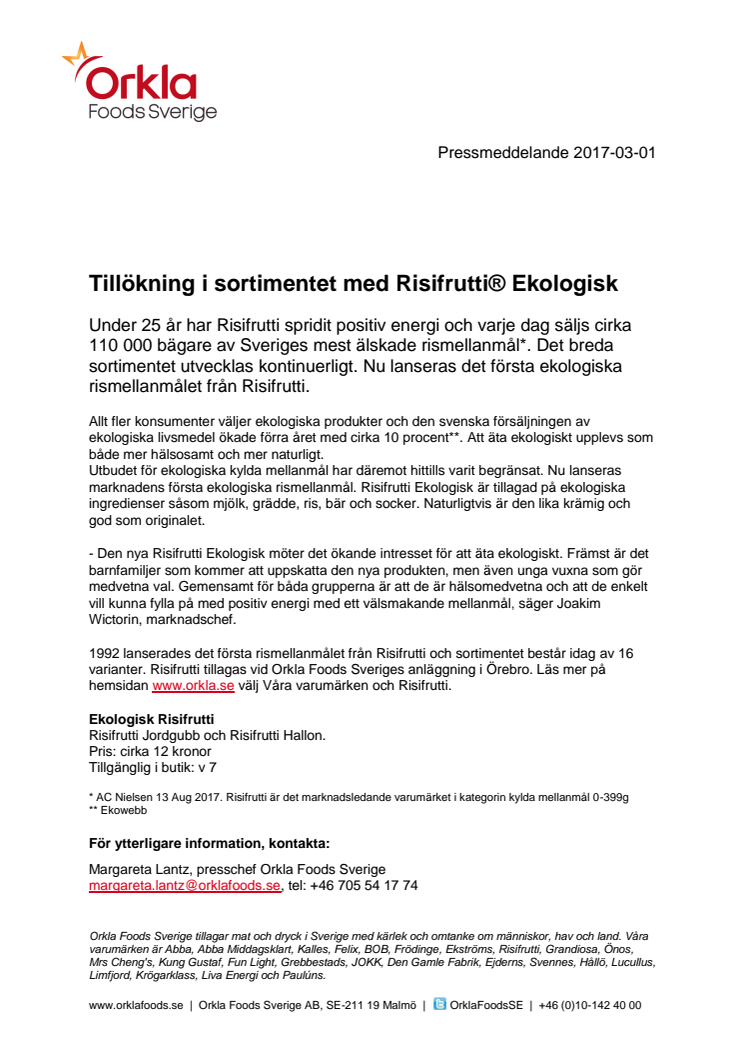 Tillökning i sortimentet med Risifrutti® Ekologisk 