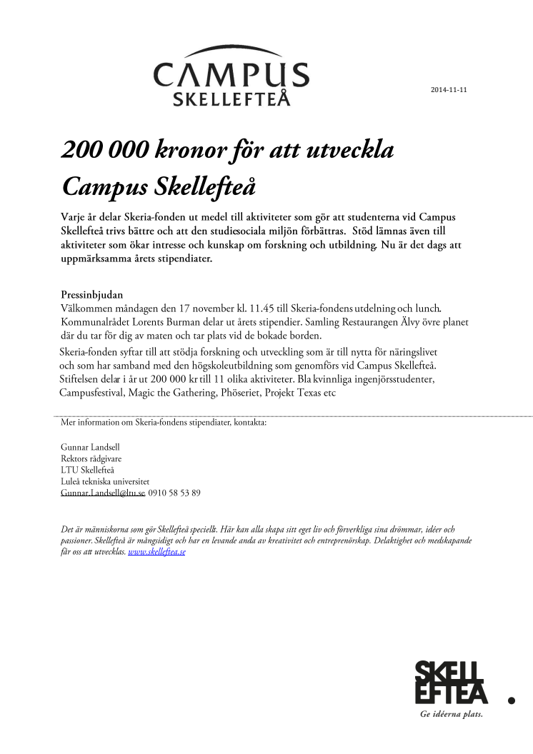 Pressinbjudan - 200 000 kronor för att utveckla Campus Skellefteå