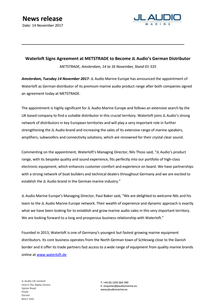 JL Audio Marine Europe: Waterloft Signs Agreement at METSTRADE to Become JL Audio’s German Distributor