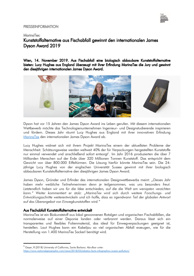 Kunststoffalternative aus Fischabfall gewinnt den internationalen James Dyson Award 2019