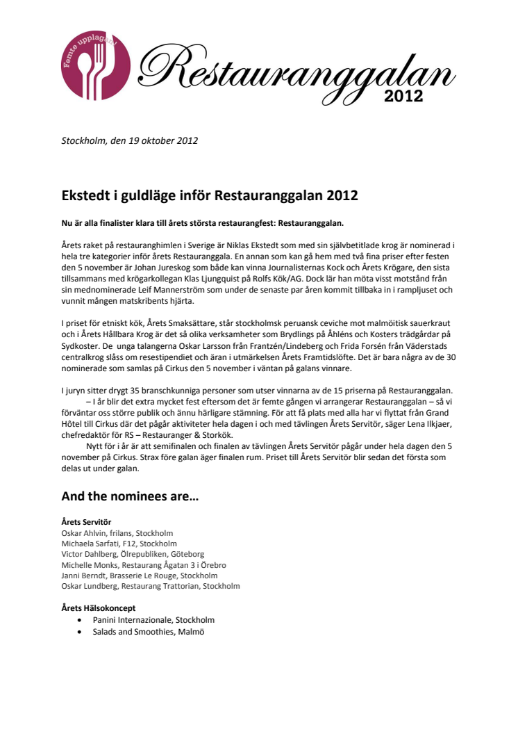 Ekstedt i guldläge inför Restauranggalan 2012