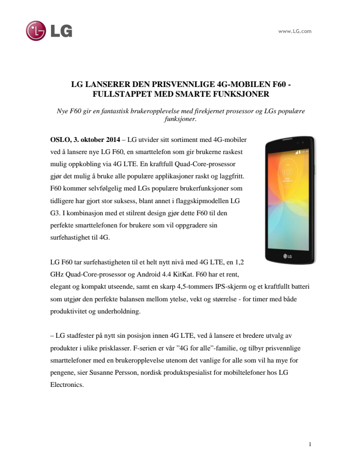 LG LANSERER DEN PRISVENNLIGE 4G-MOBILEN F60 - FULLSTAPPET MED SMARTE FUNKSJONER