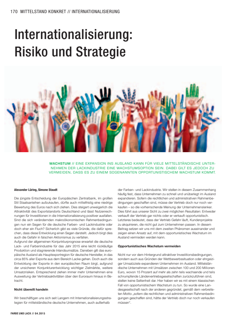Internationalisierung: Risiko und Strategie - Fachartikelveröffentlichung in der FARBE UND LACK 