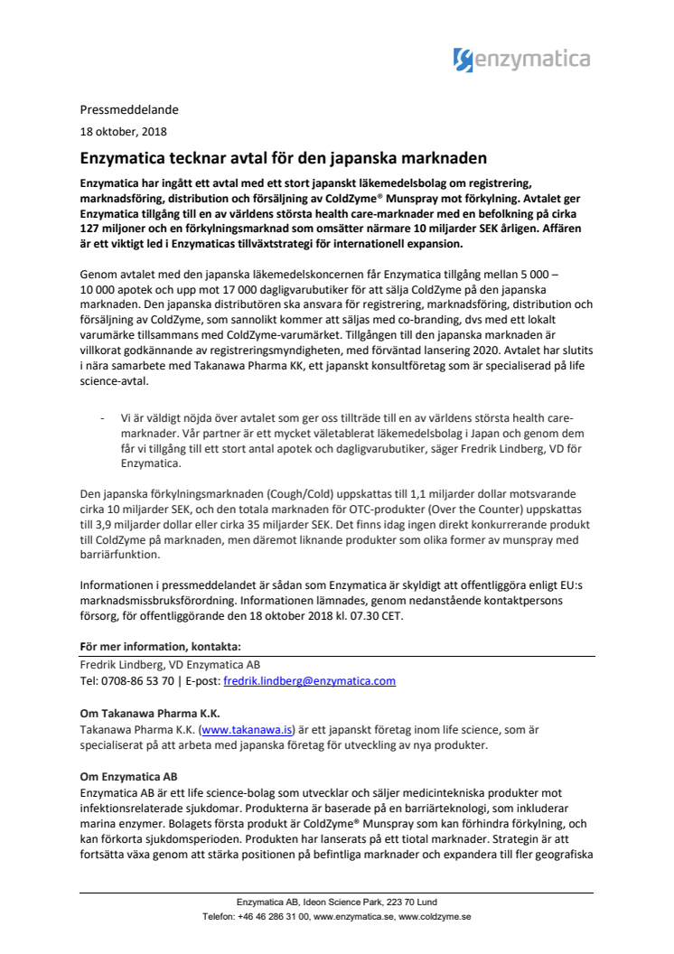 Enzymatica tecknar avtal för den japanska marknaden