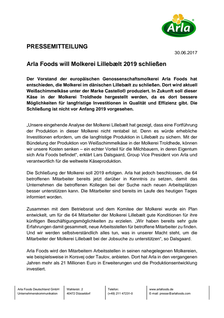 Arla Foods will Molkerei Lillebælt 2019 schließen