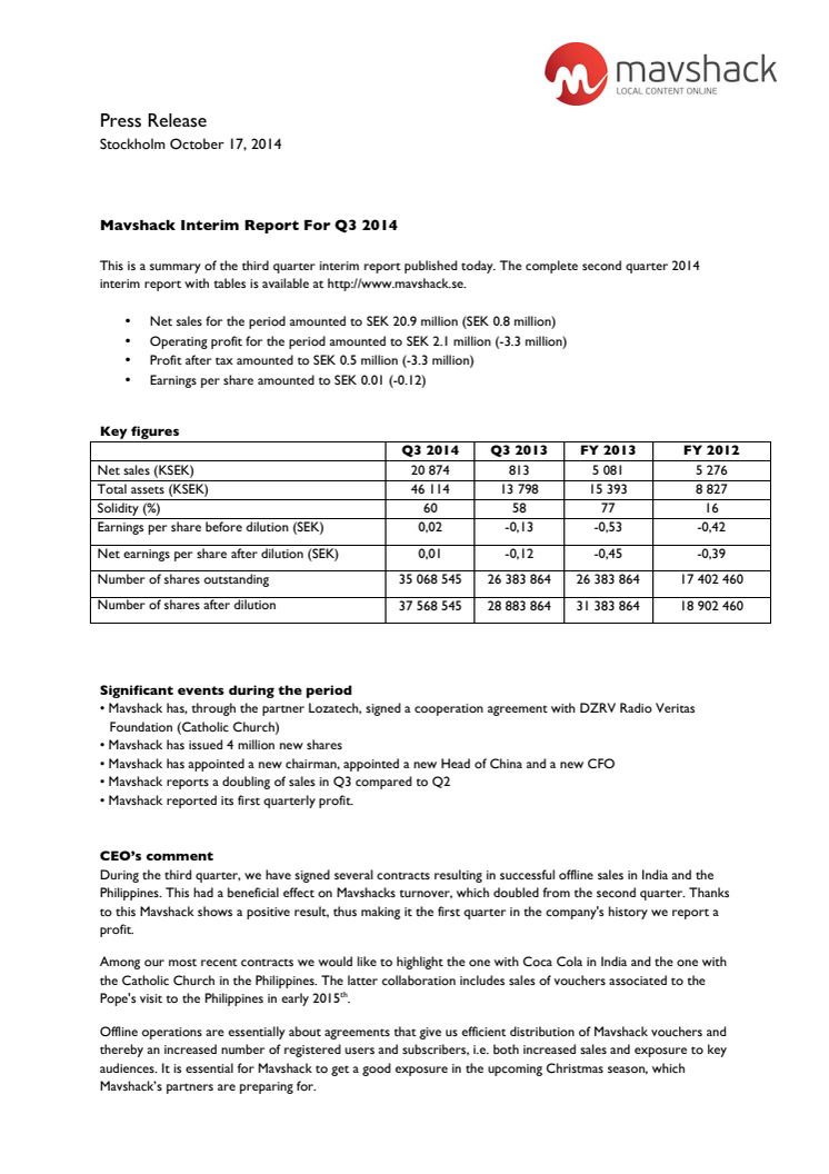 Mavshack Interim Report For Q3 2014 