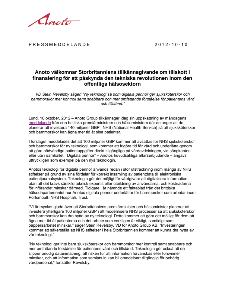 Anoto välkomnar Storbritanniens tillkännagivande om tillskott i finansiering för att påskynda den tekniska revolutionen inom den offentliga hälsosektorn