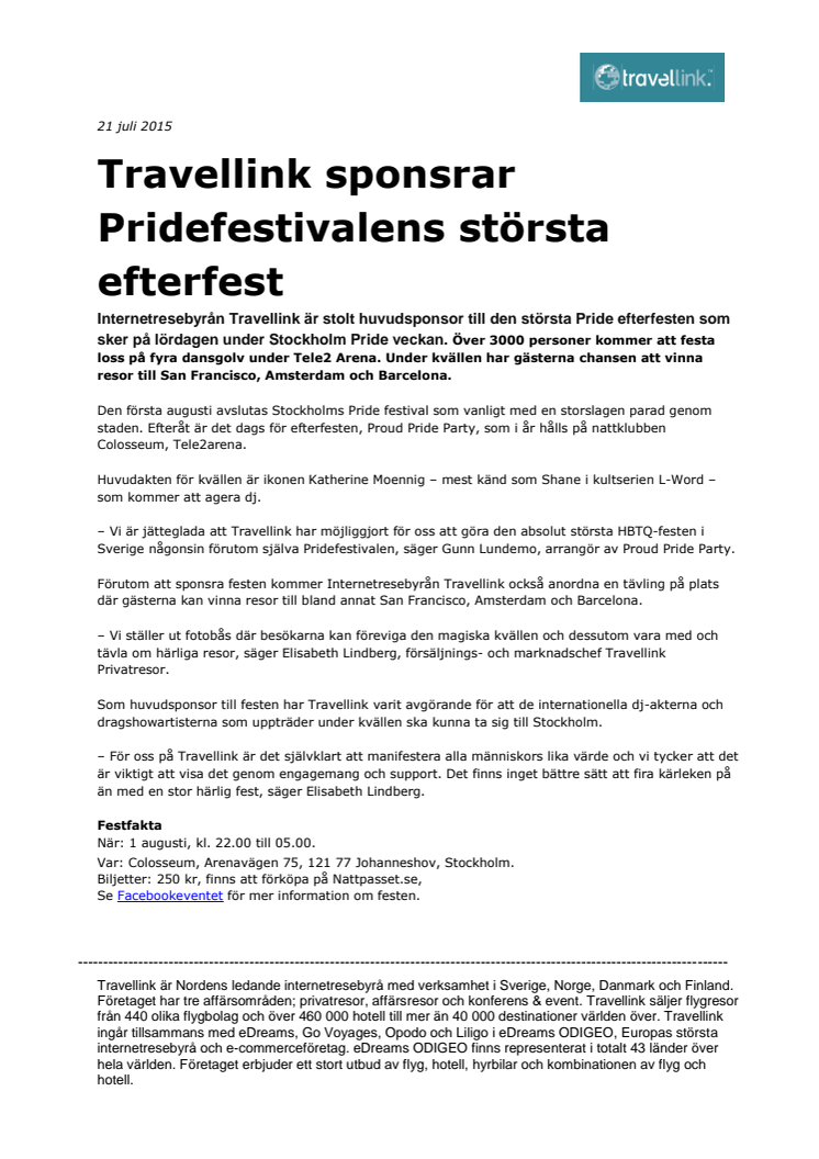 Travellink sponsrar den största efterfesten under Stockholm Pride